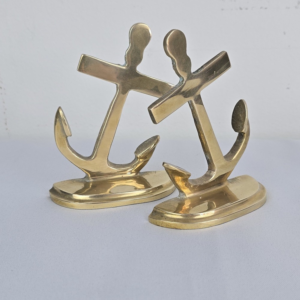 Vintage 1970s Solid Brass Anchor Bookends Pair Nautical Maritime Taiwan